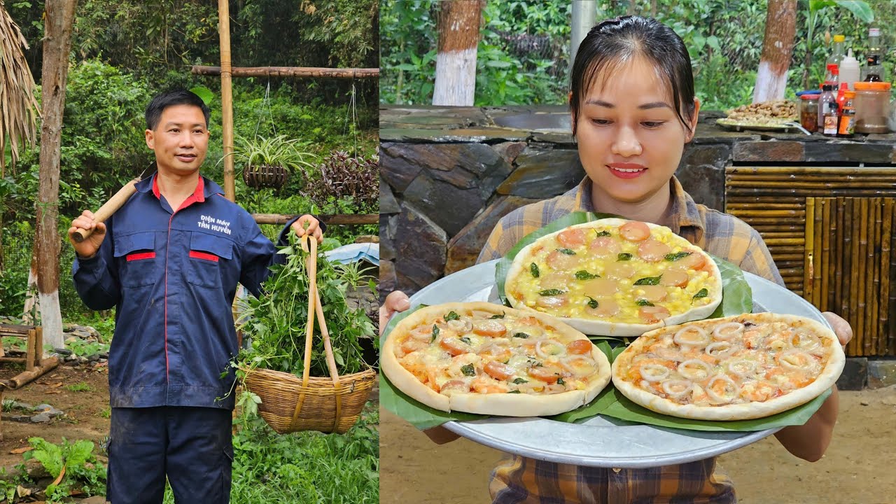 AN Make Pizza With Sausage, Squid, Cheese Using Ancient Recipe - TAN Gardening | Ly Phuc An