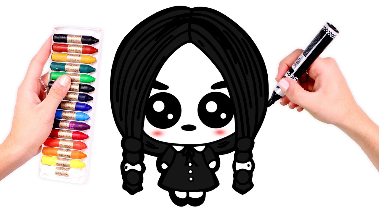 HALLOWEEN 🎃 Colorea a MERLINA kawaii  de la Familia Addams 🕷🌈🕸
