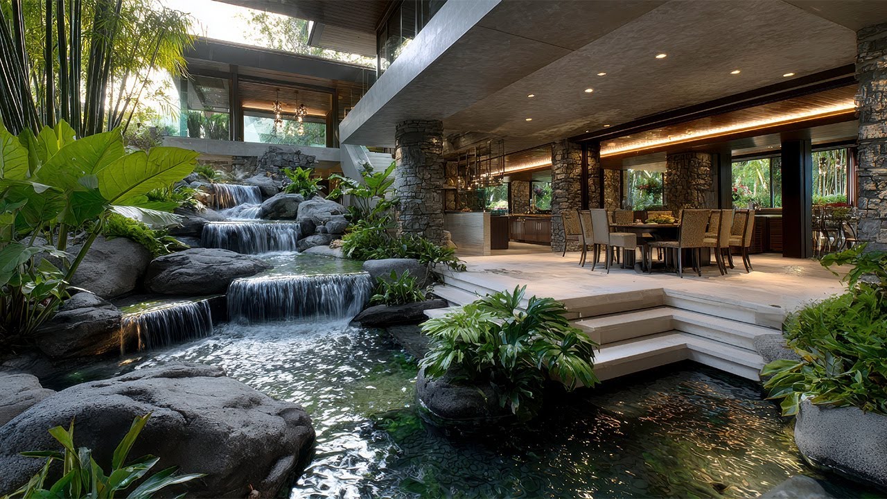 Modern Luxury Open Plan Kitchen and Dining Room with Indoor Waterfall Courtyard
