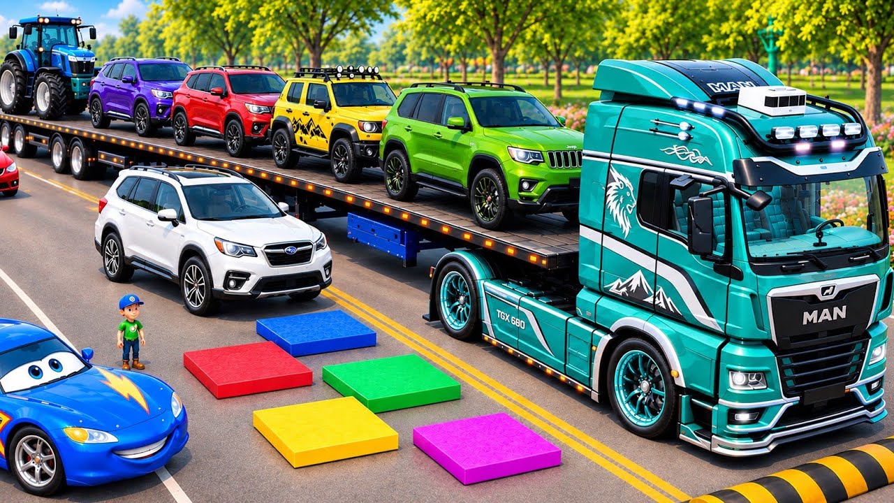 Flatbed Trailer Mcqueen Transportation with Truck | Cars vs Speedbumps vs Train | BeamNG.Drive #95
