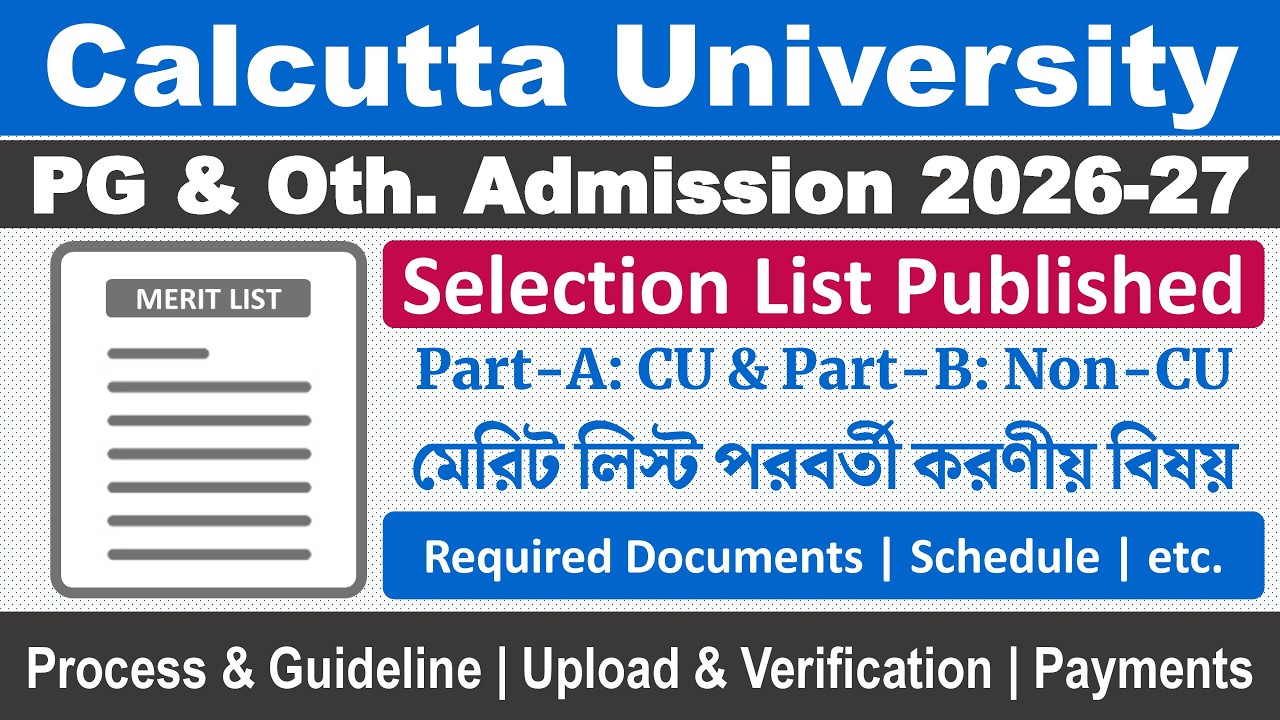 Calcutta University PG Admission 2026-2027: Merit List, Documents Upload & Take Admission