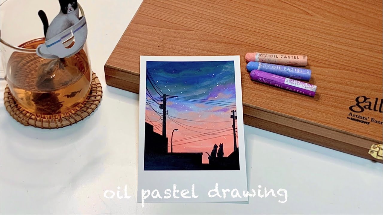 오일파스텔 초보, 오일파스텔로 고양이가 있는 저녁 하늘 그리기, 배속 없는 영상 | oil pastel drawing for beginner