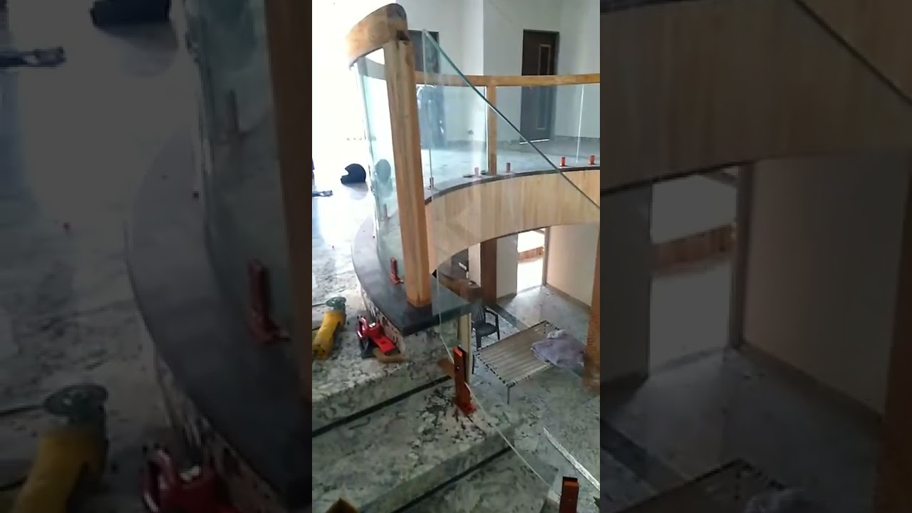 Curved Full Glass Handrail | Wood Handrail | Bent Glass Railing #shorts #curved #bent #curvedglass