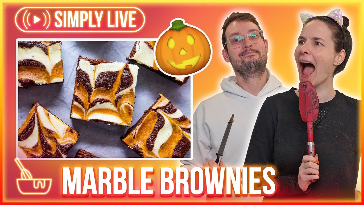 Watermarbling Pumpkin Brownies SPOOKY EDITION 🔴LIVE - Simplybakelogical