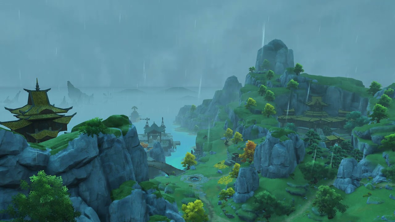 Genshin Impact - Rainy Liyue Ambiance (rain, splashes, birds, white noise)