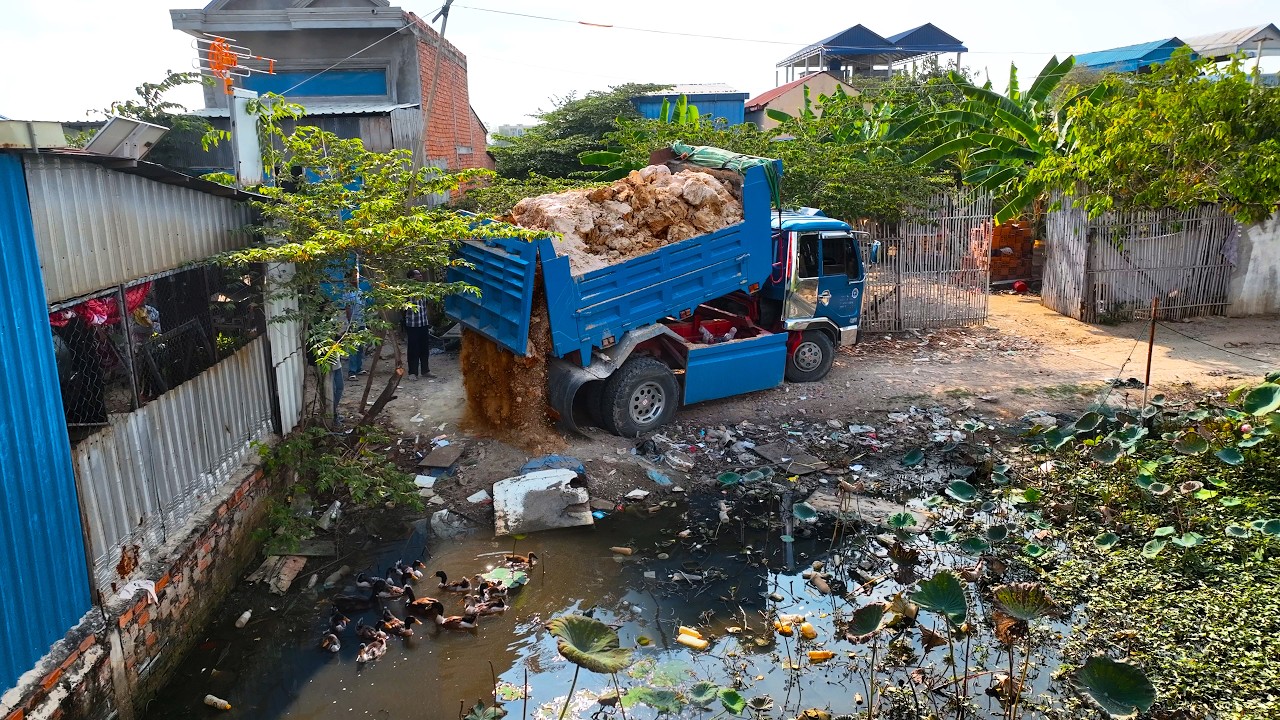 First Opening Completed Project! Delete Flooded Garbage Area by Skill Dozer Pushing RockSoil & Truck