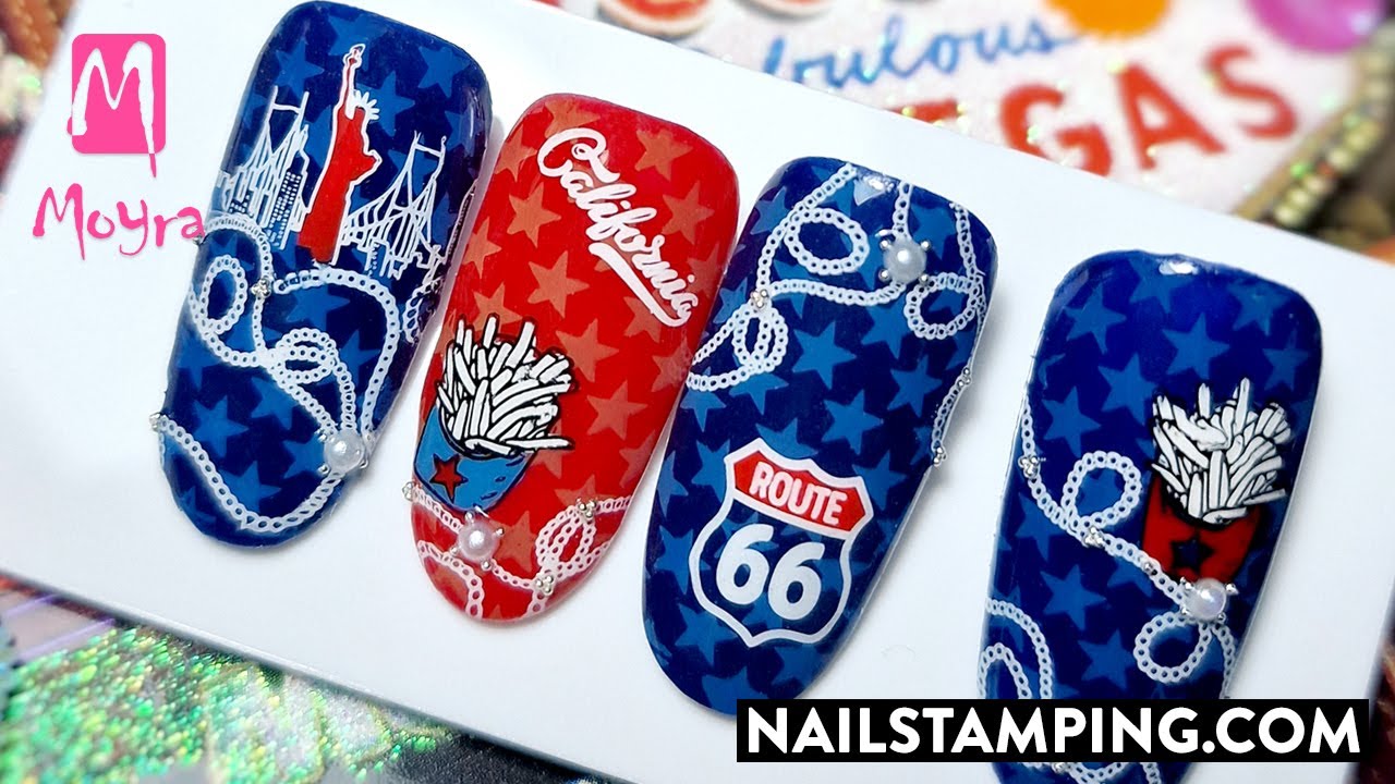 Colourful sticker-like layered stamping nail art (nailstamping.com)
