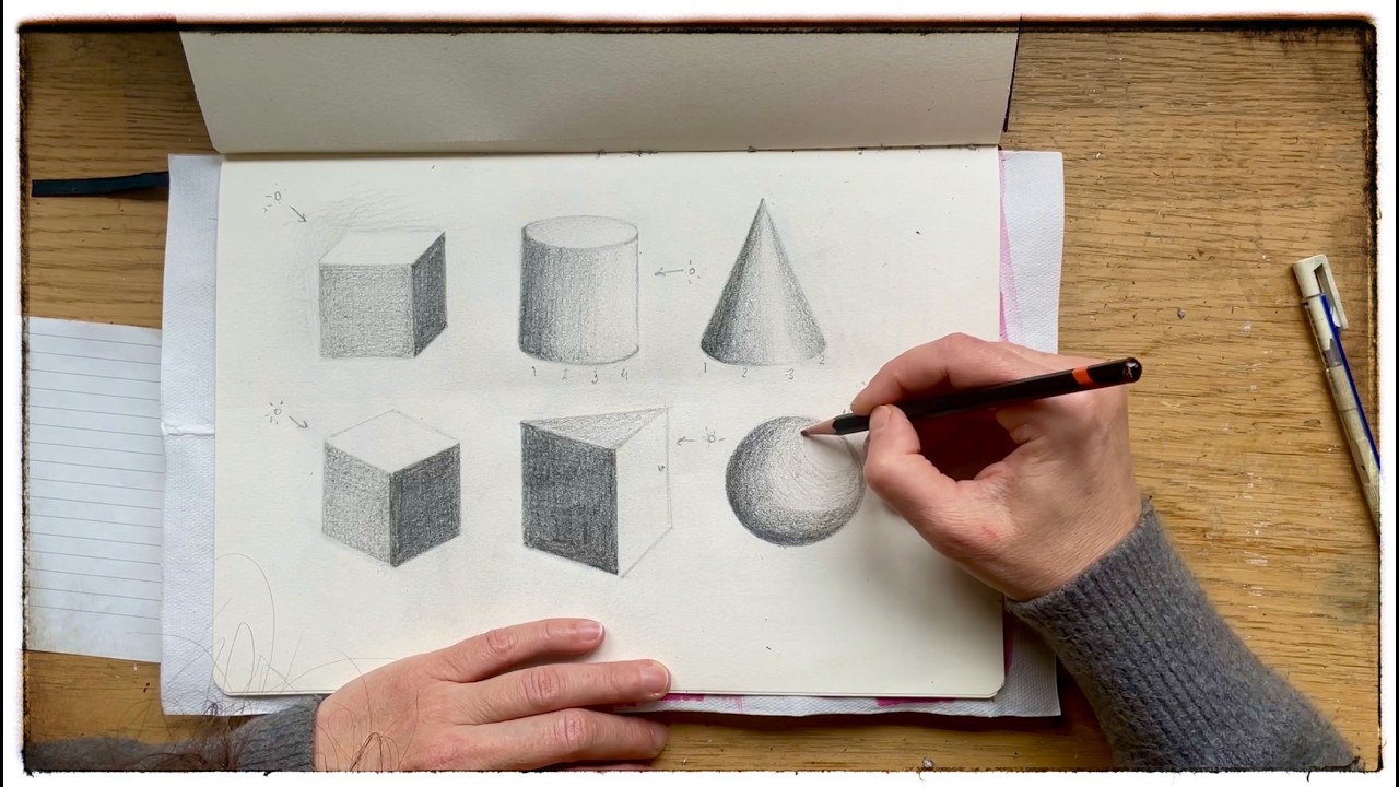 Pencil Tutorial on How to Draw and Shade Basic Forms - Cube, Cylinder, Sphere, and others.