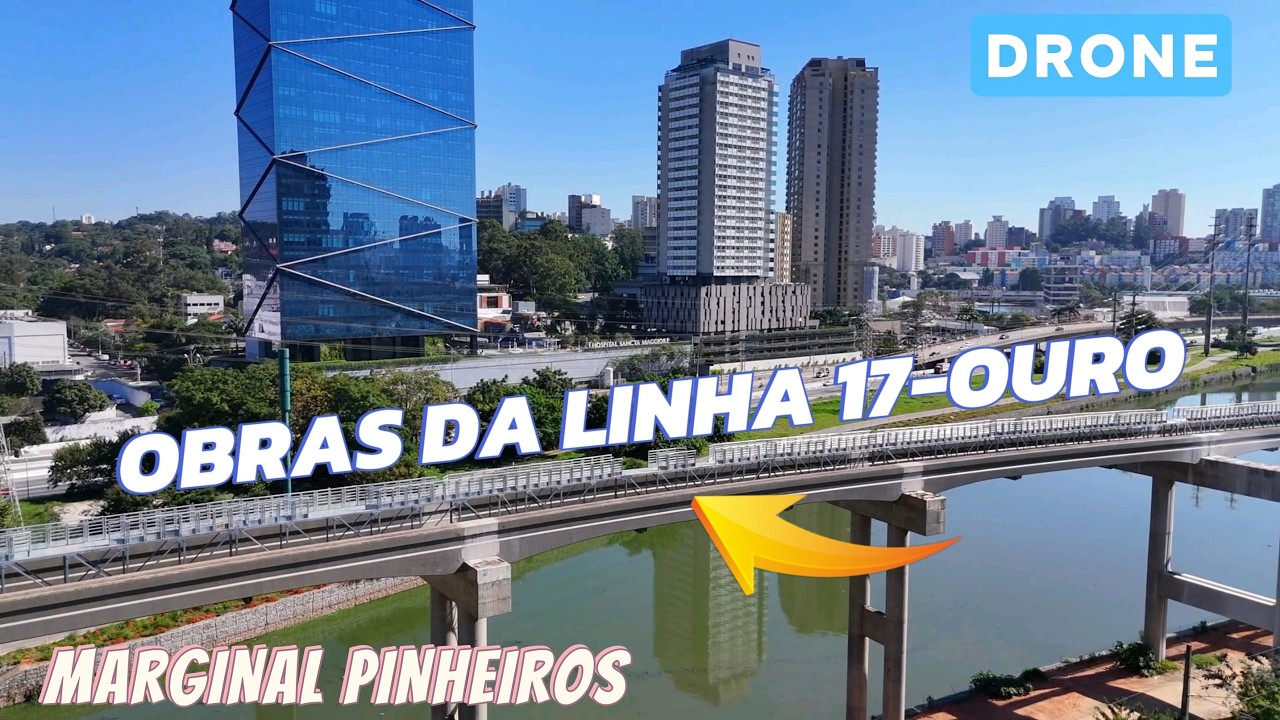 Drone na Marginal Pinheiros: Obras do Monotrilho entre a Ponte Estaiada e Est. Morumbi - São Paulo