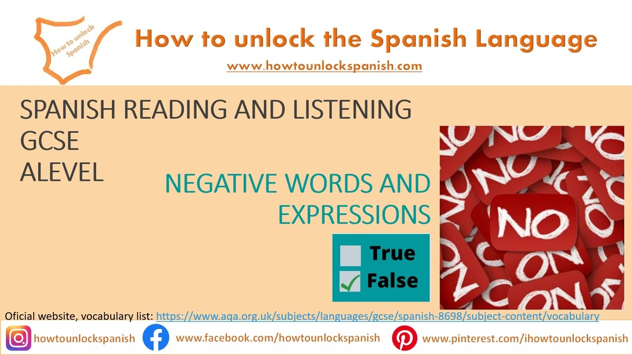 KEY SPANISH NEGATIVE WORDS AND EXPRESSIONS Spanish GCSE 9-1 Reading and Listening exams - HIGHER.