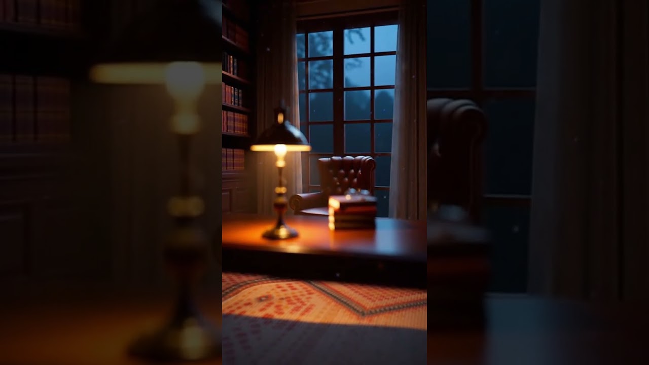 Warm desk lamp casting soft glow over books by a dusky window 💡
