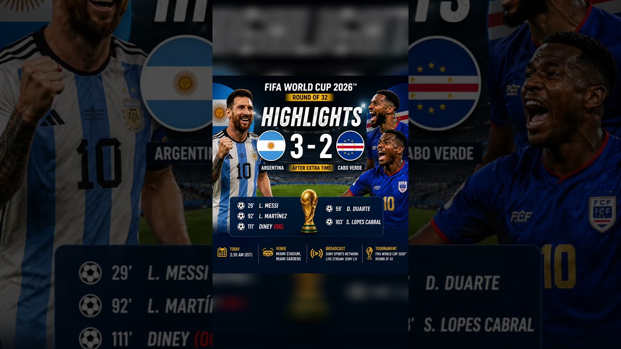 Argentina vs Cape Verde 3-2 | Full Match Highlights | FIFA World Cup 2026 Round of 32#fifa2026