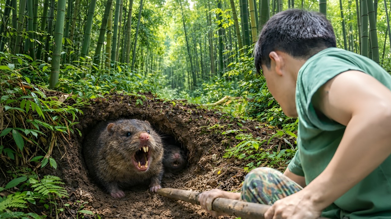 Digging and catching bamboo rats while harvesting bamboo shoots - A primitive survival skill