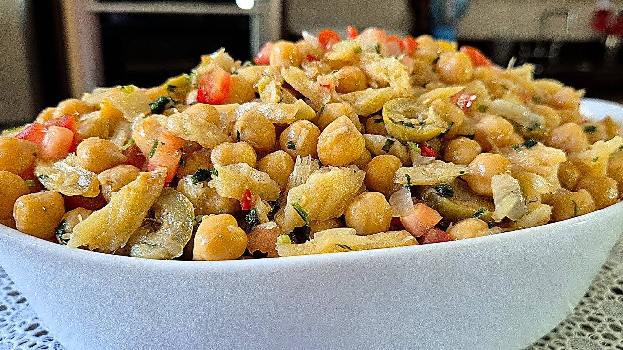 GRÃO DE BICO com BACALHAU receita fácil SALADA PRONTA PRA SEMANA INTEIRA