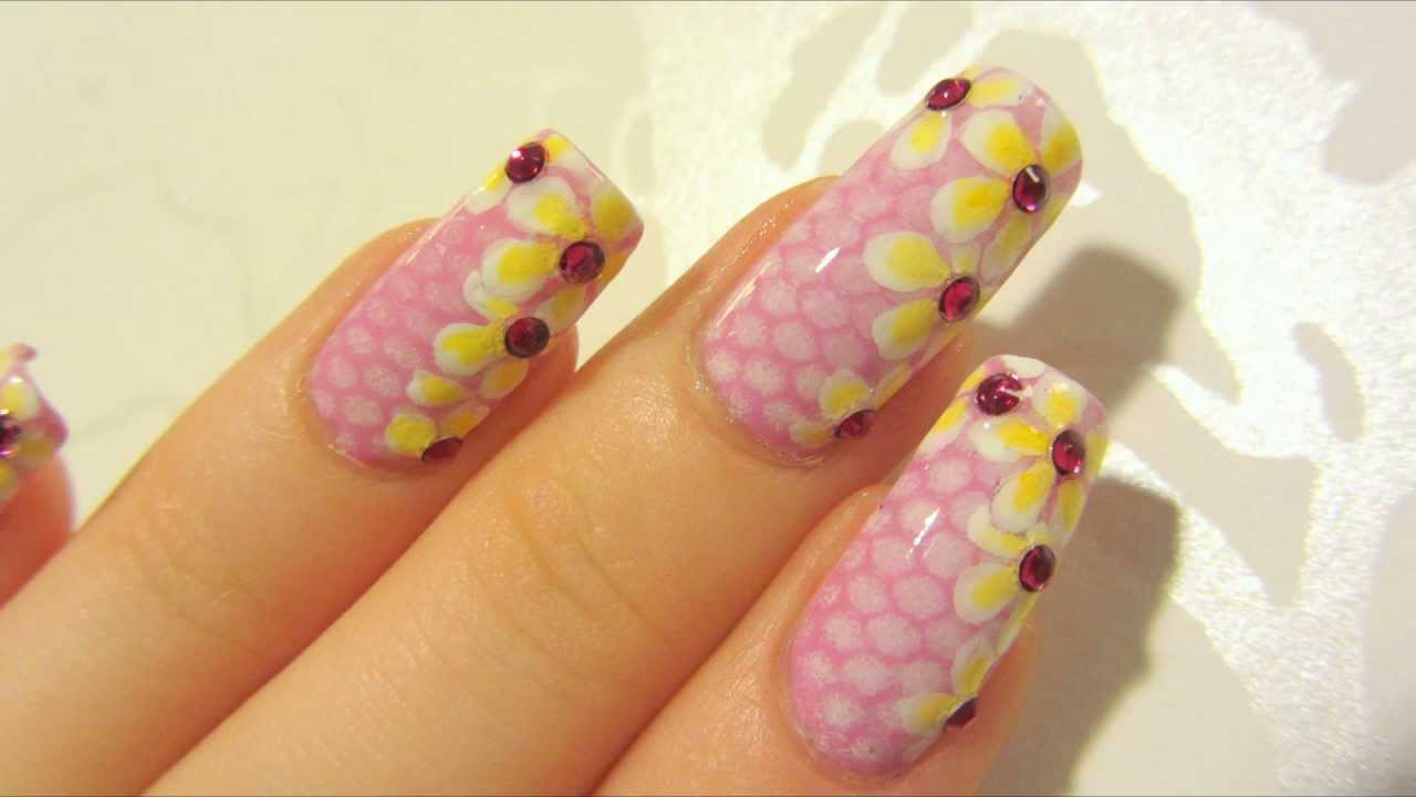 Pink Snake Skin and Flowers Design with Hot Pink Rhinestones Nail Art Tutorial