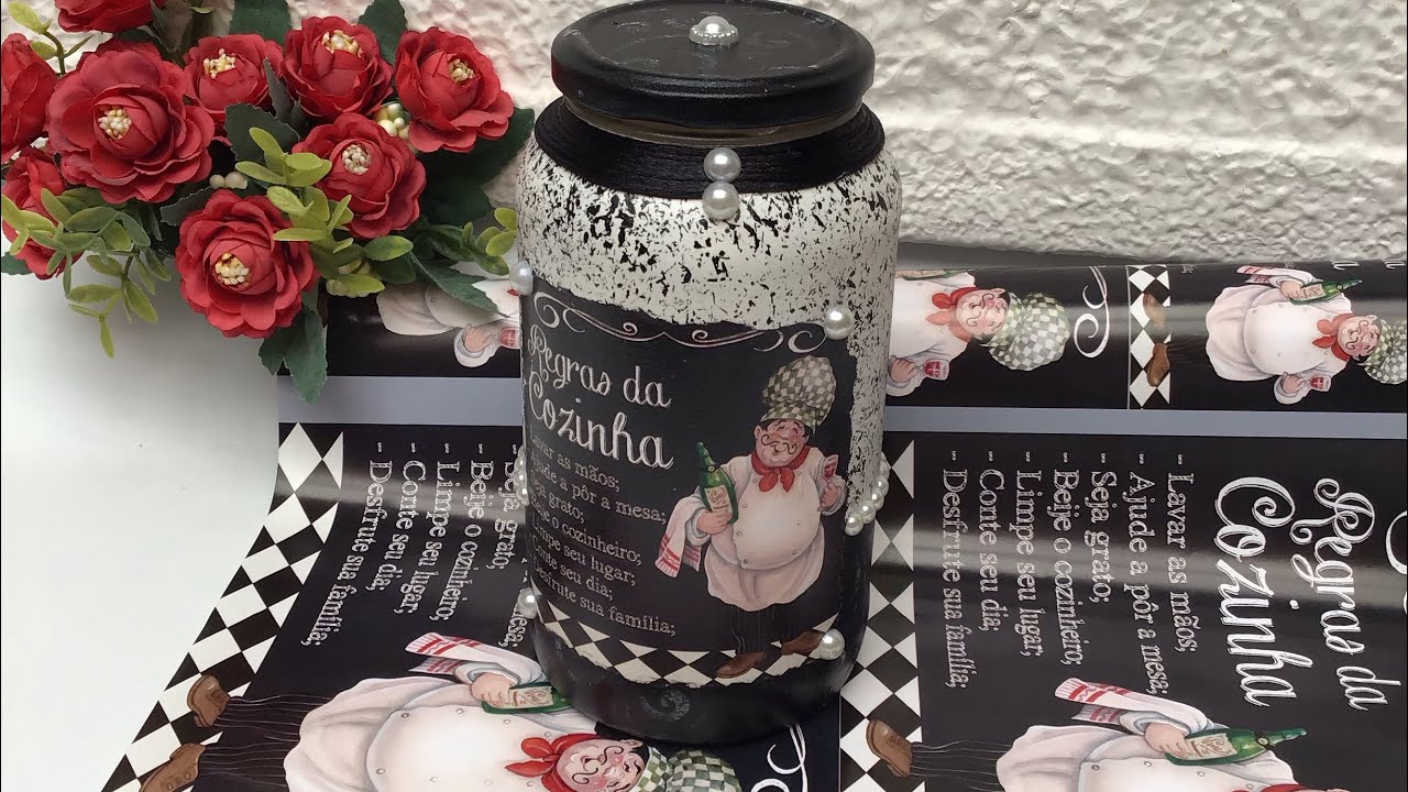 Pote de vidro com decoupage e efeito esponja crespinha