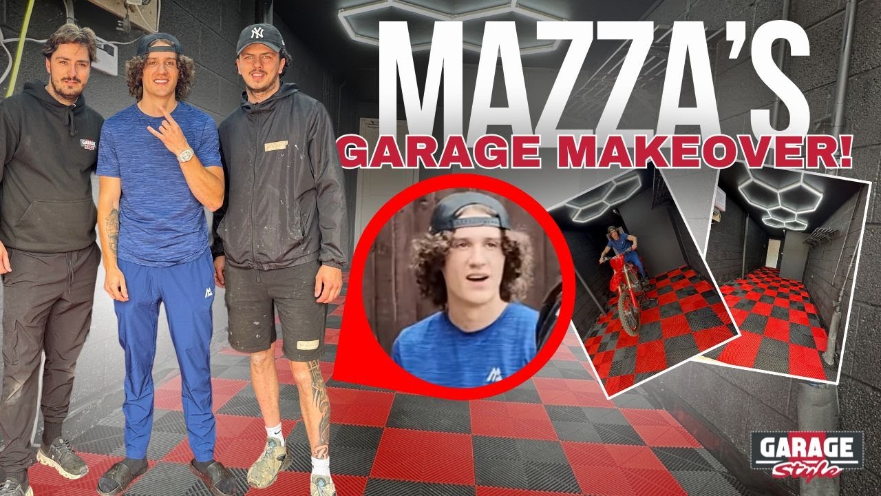 😱 Mazza’s Garage Make Over by Garage Style | Red & Black Vented Garage Flooring + Hexagon Lighting 🔥