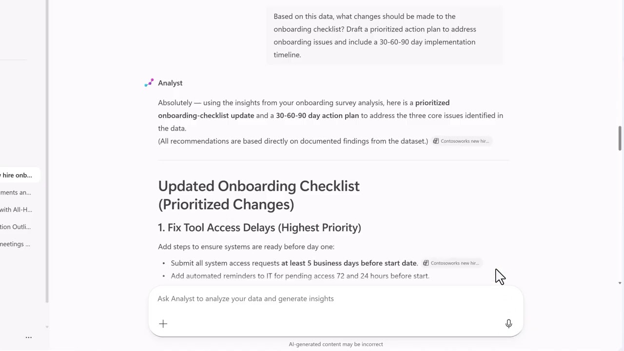 Превратите отзывы о процессе адаптации в исправления с помощью агента Analyst в Microsoft 365 Cop...