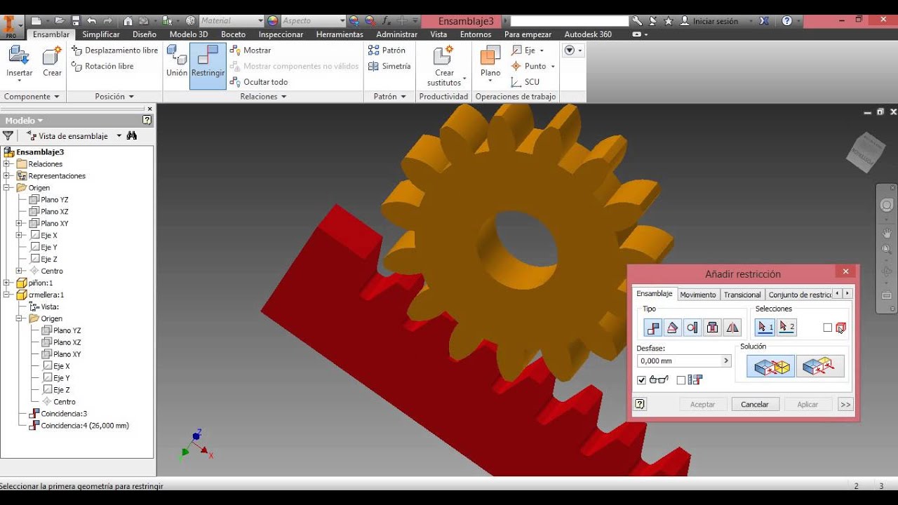 Animaci&oacute;n Pi&ntilde;on Cremallera Inventor 2015 William Barreno