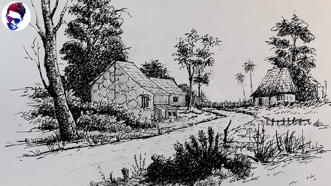 Village drawing with pen /Landscape pen drawing tutorial.