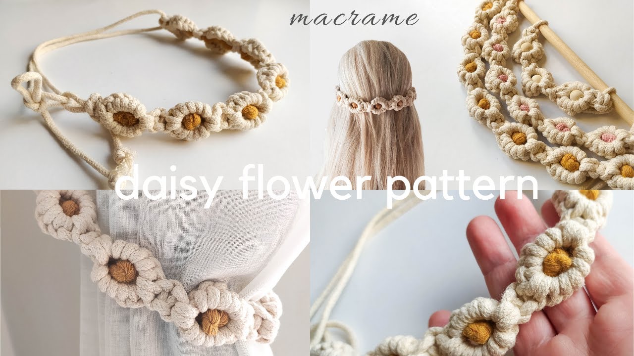 DIY Macrame daisy flower pattern: semicircle wall hanging, hippie floral headband, curtain tie back