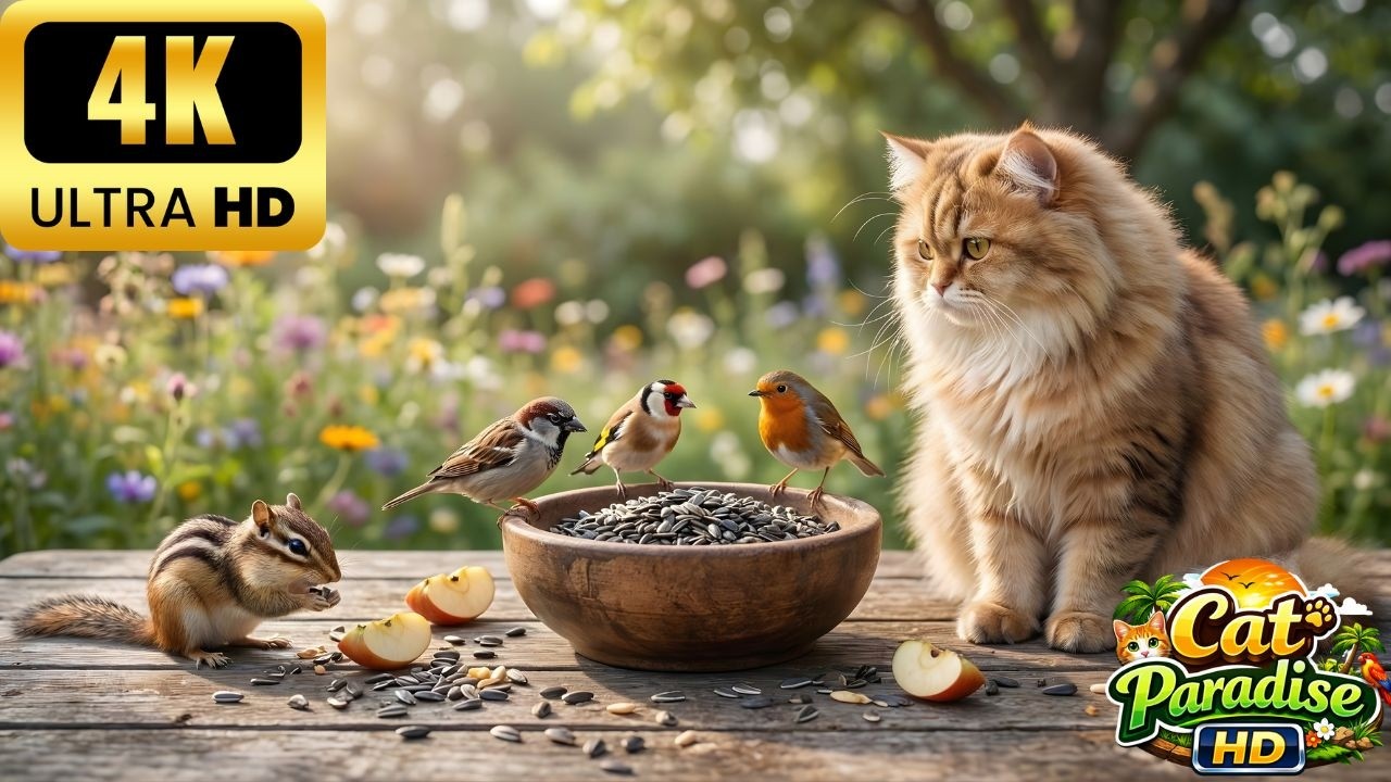 Cat TV для кошек 🐦 Птицы и белки у новой кормушки 🐿️ 4 часов спокойной природы 4K