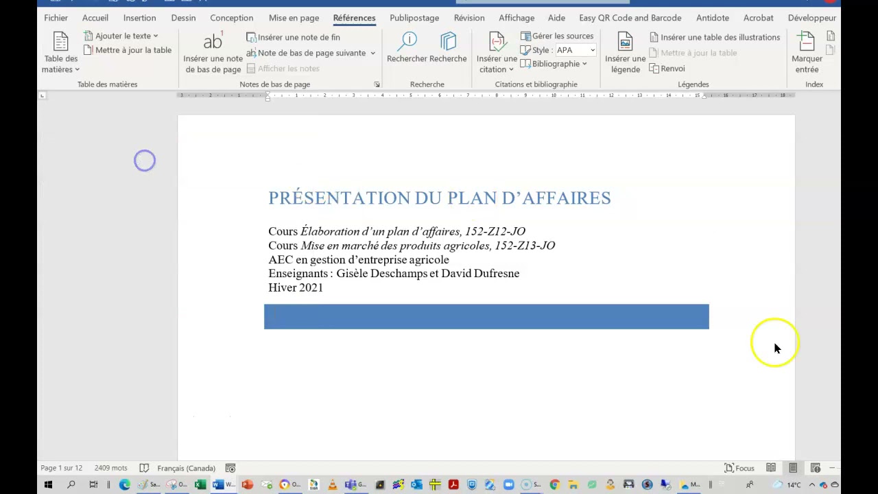 Onglet Références - table des matières - note de bas de page