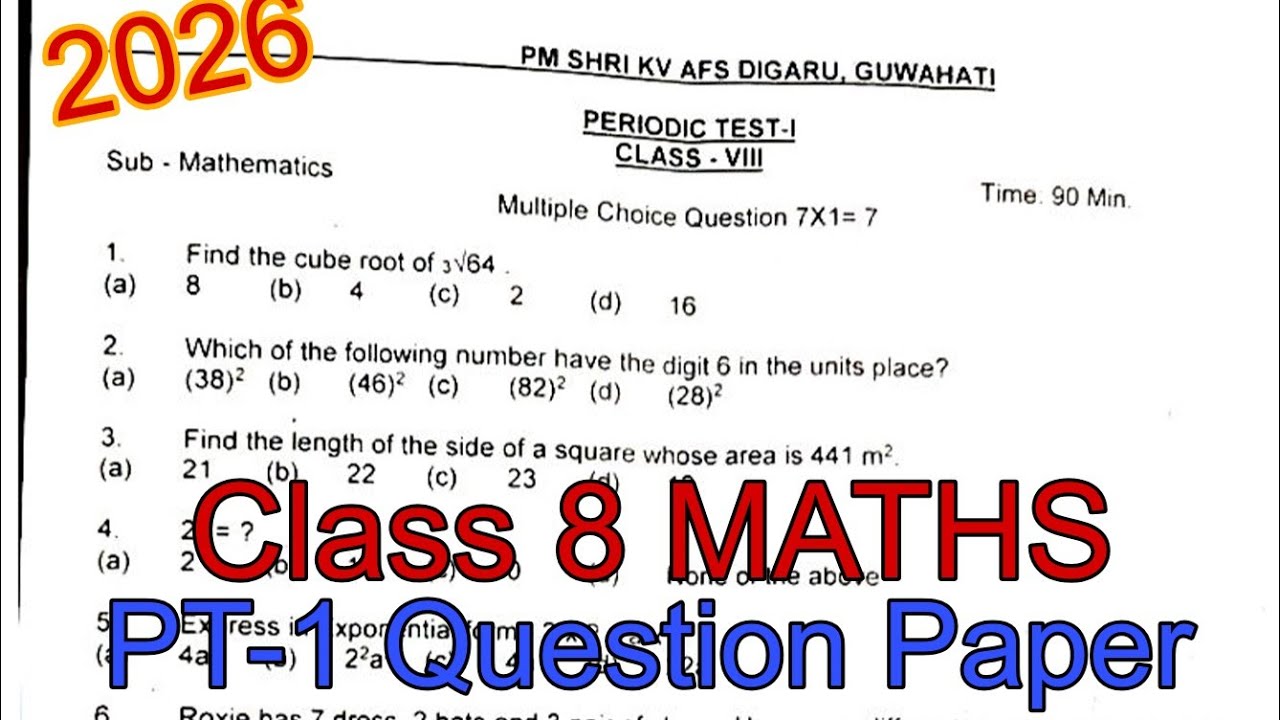Class 8 Maths Periodic Test 1 PT-1 Question Paper 2026 | #class8maths #samplepaper #pt1 #2026