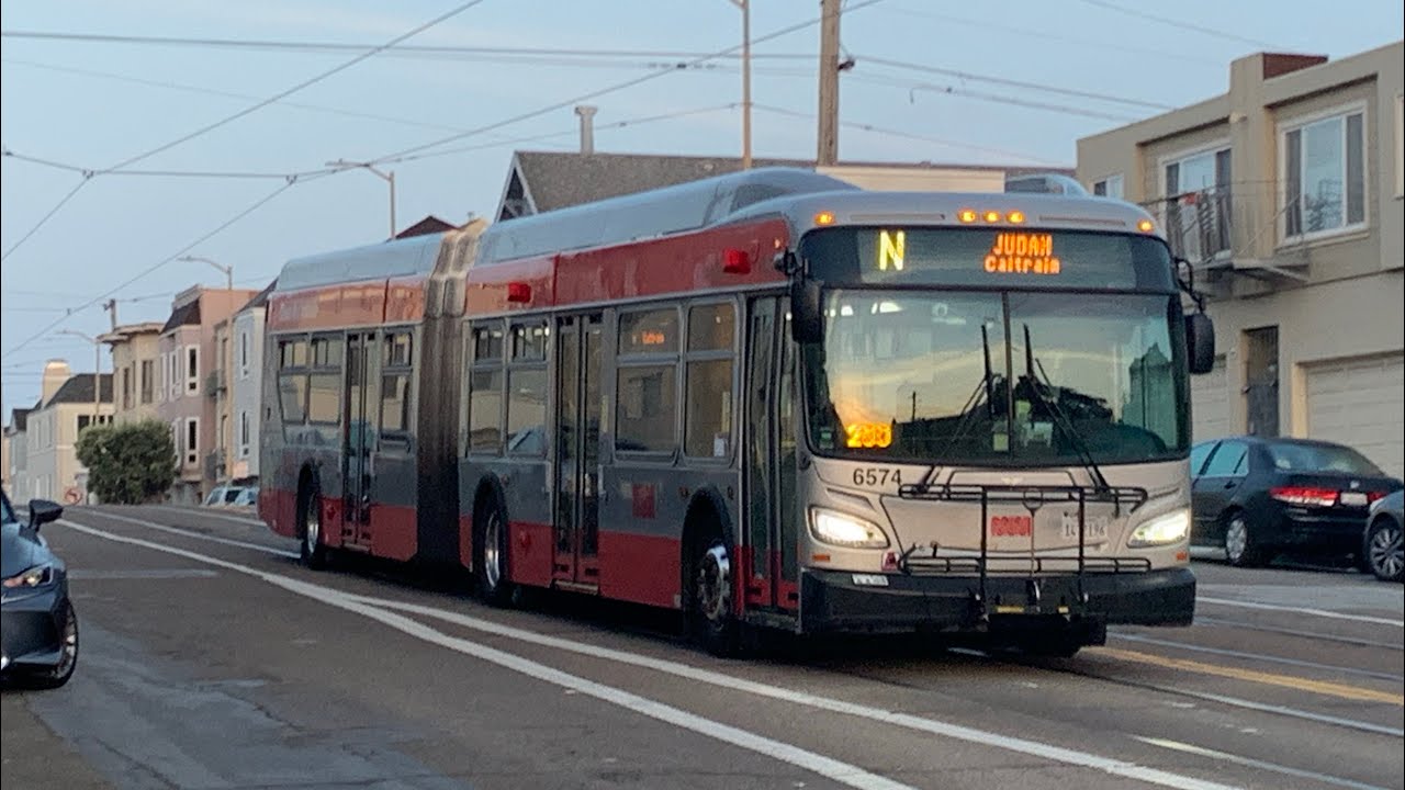 SF MUNI 2016 New Flyer XDE60 #6574 on N Judah Bus