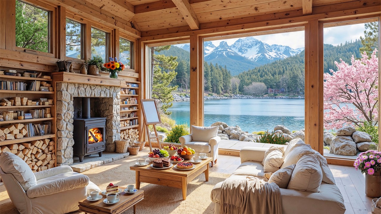 Tranquil Piano in Cozy Spring Cabin Ambience 🌺 | Fireplace Sounds for Relaxation