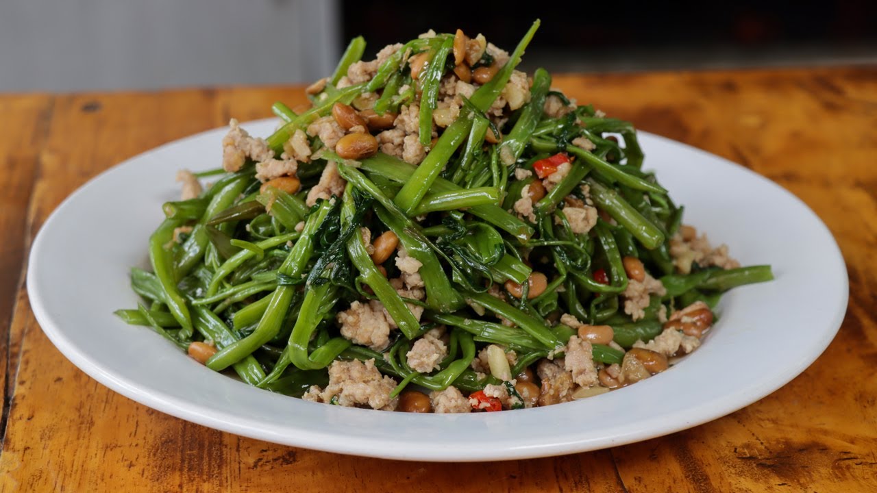 Morning glory and Ground Pork Stir Fry