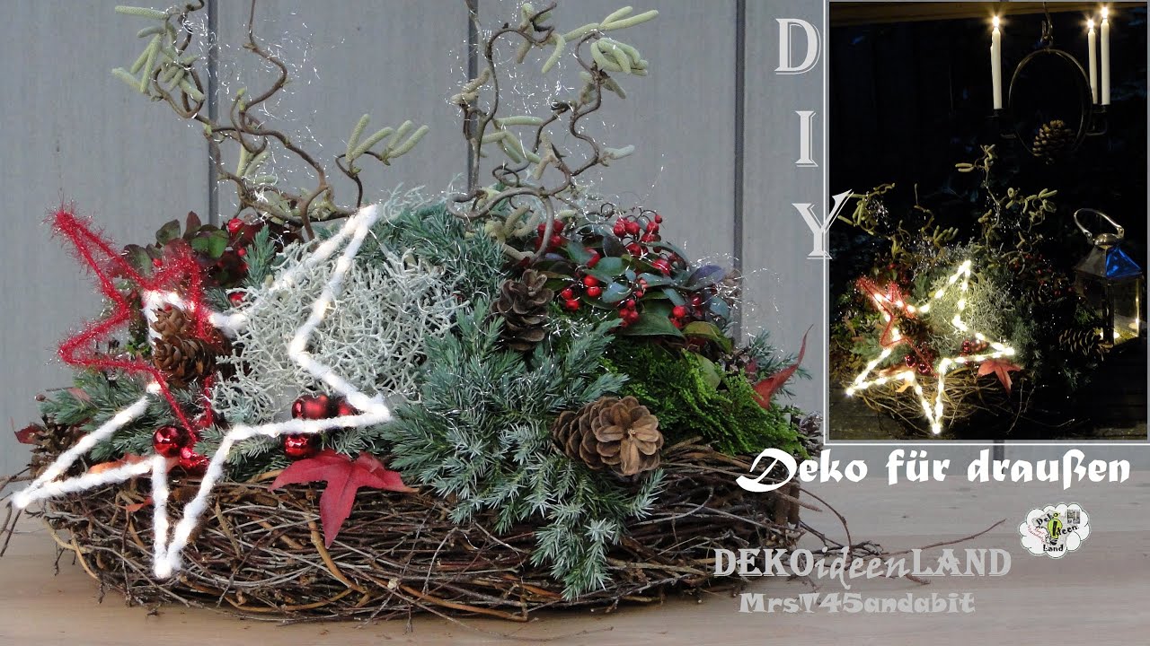 DIY Weihnachtsdeko/ Winterdeko selbermachen für außen/ Adventskranz korb mit Led Stern DekoideenLand
