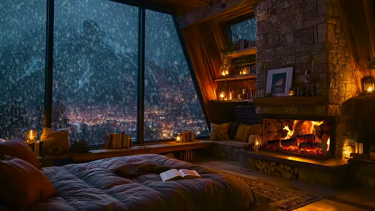Cozy Winter Cabin Night with Soft Fireplace Crackling and Falling Snow for Deep Sleep and Study