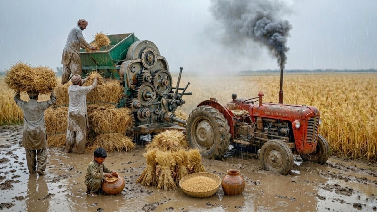 1970 Model Fiat 480 Tractor Extreme Performance on Thrasher | Old Harvesting Technique | 4K Ultra HD