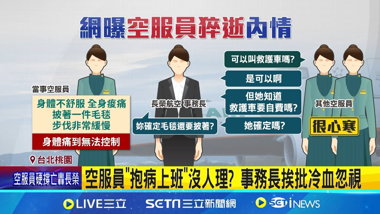 空服員抱病上班返台離世 長榮航空:已啟動調查 長榮空服員抱病上班返台猝死 桃市勞檢處派員調查 空服員抱病上班猝逝｜記者 張昱傑 江柏緯 陳心慈｜新聞一把抓20251013｜三立新聞台