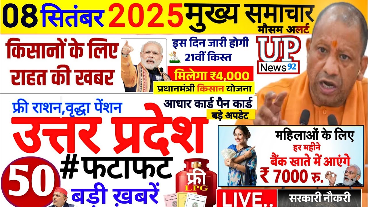 Today Up News 08 September 2025 | Uttar Pradesh Latest News | Cm Yogi |Pm Modi,Up breaking News live