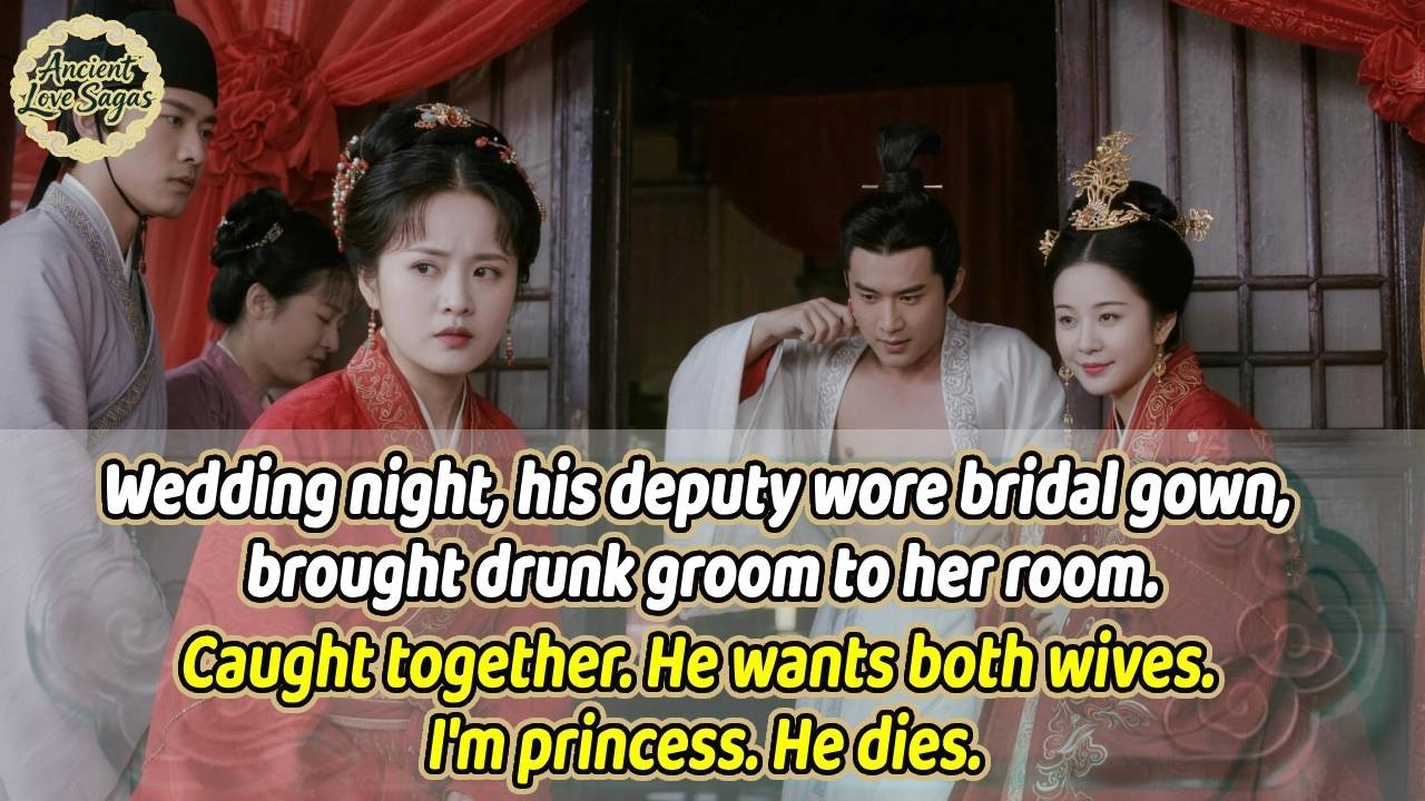 Wedding night. Deputy wore bridal gown, brought drunk groom. Caught. Wants two wives. I'm princess.