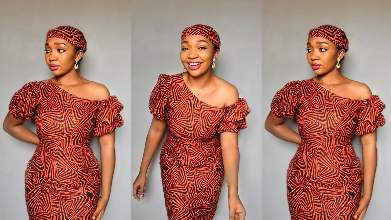 SIMPLE ONE SHOULDER DRESS CUTTING AND SEWING | ASSYMETRIC NECKLINE | PUFF SLEEVES
