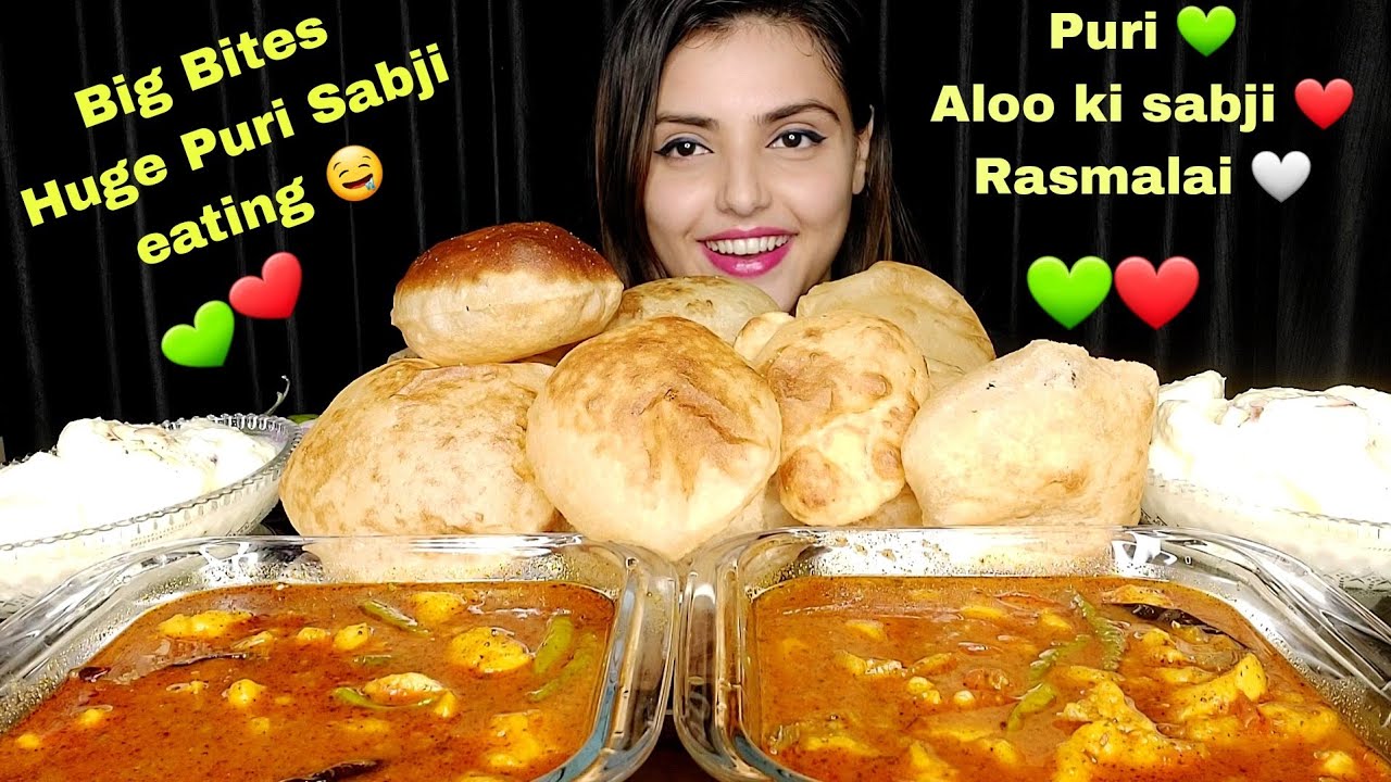 Eating Huge Soft Puri/Luchi,2 Big Bowl Spicy Aloo ki Sabji,Rasmalai,😋 Big Bites,Indian Sweets, ASMR