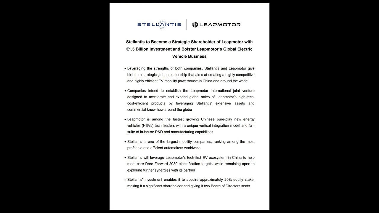 Stellantis to Become a Strategic Shareholder of Leapmotor with &euro;1.5 Billion Investment