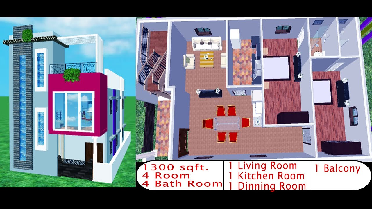 Plan 3D Interior Design Home Plan 50  ft. X 26 ft. House Exterior Plan 4 Bed 4 Bath 1 Balcony.