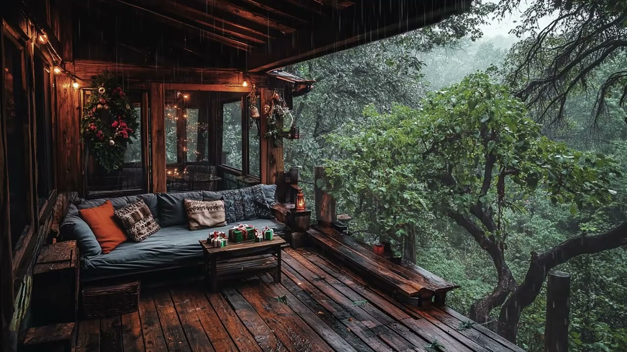 Cozy Winter Balcony Forest View with Candlelight ASMR and Gentle Rain Sound for Deep Sleep Ambience