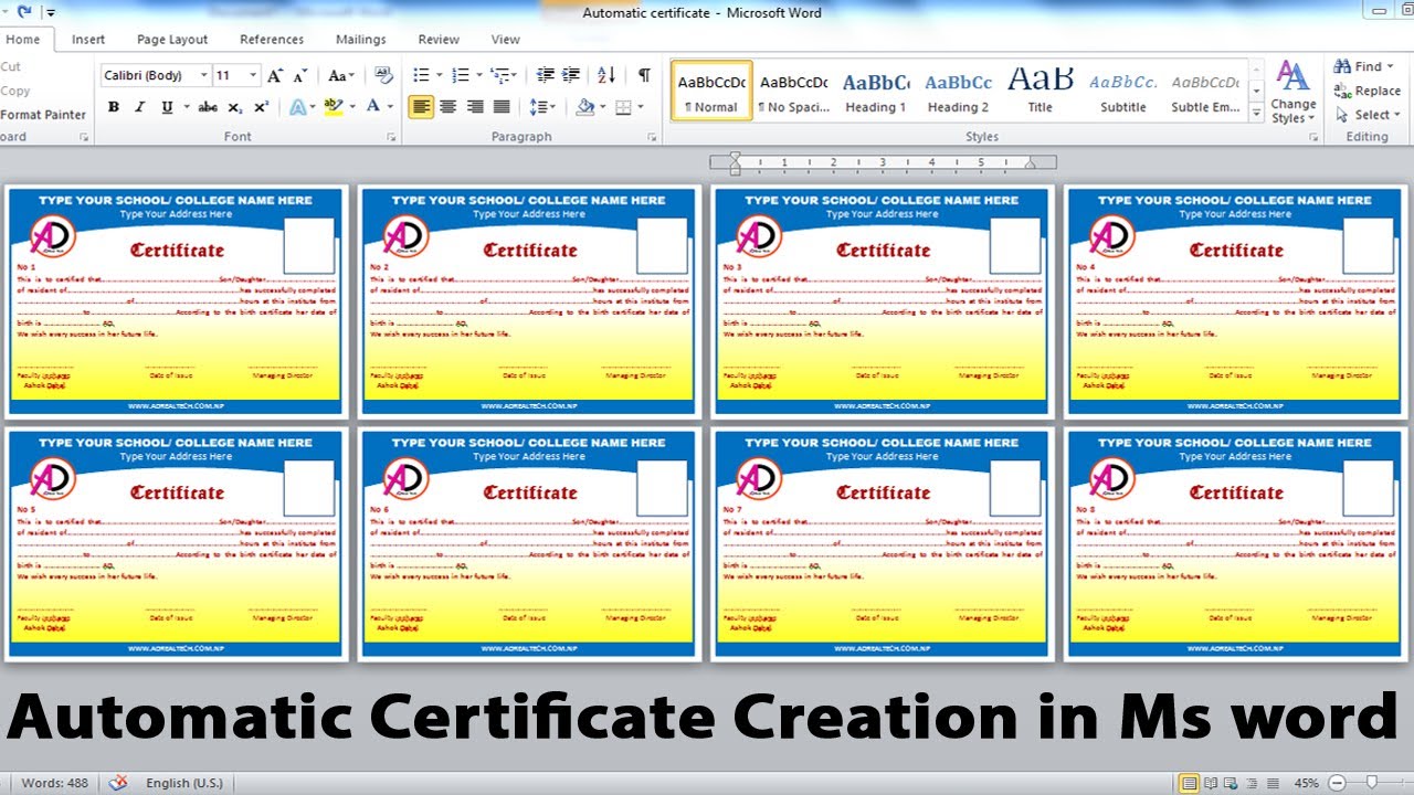 Fully Automatic Certificate creation using Ms word | Ms word New Tutorial 2020