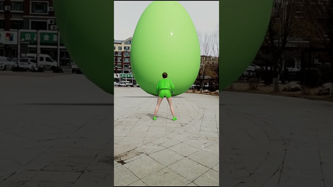 Girl in green shirt smashing the green egg... 3D special effects