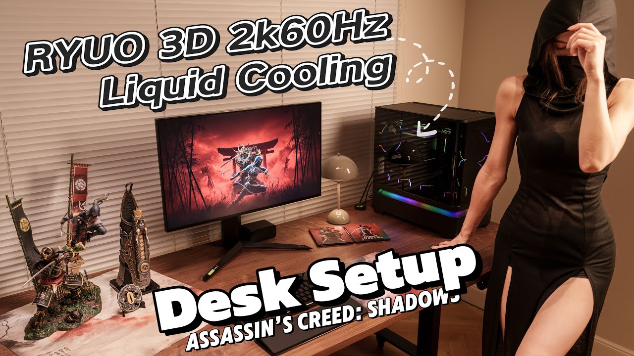 Liquid–cooled featuring 3D 2K60Hz display, All-Black Curved-Screen PC, Assassin’s Creed, Desk Setup