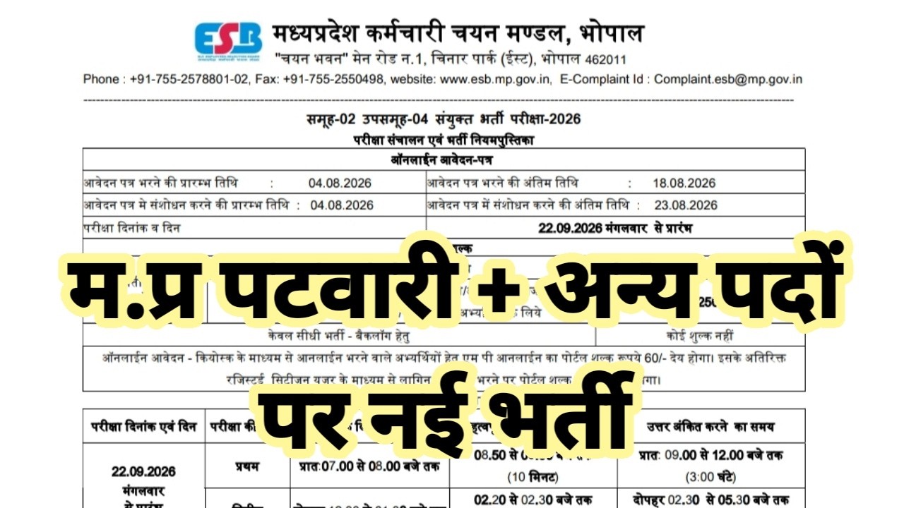 मध्यप्रदेश पटवारी भर्ती 2026 | विभिन्न पद | MP ग्रुप 2 वेकेंसी | किसी भी विषय में ग्रेजुएशन | MP ...