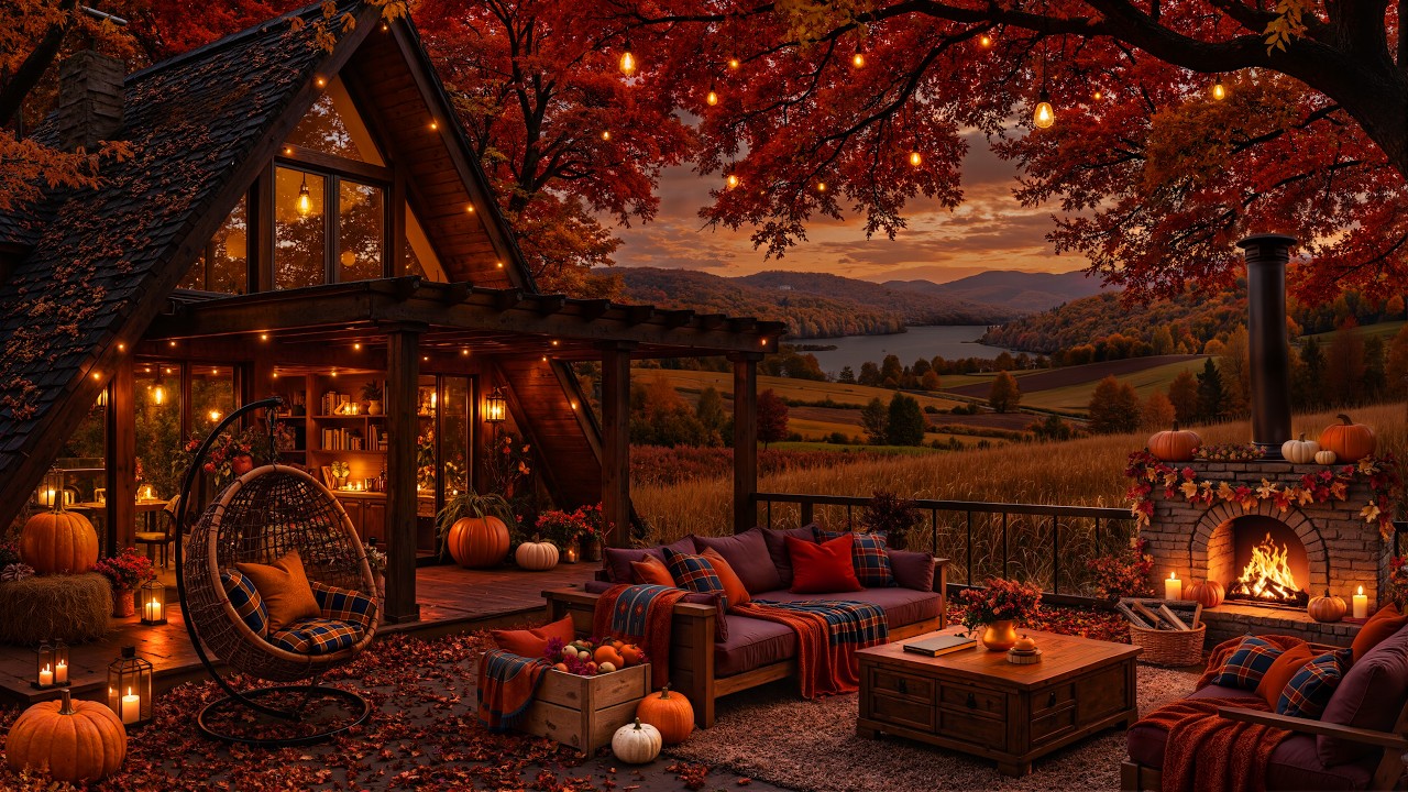 Jazz & Pumpkin Glow on the Porch 🎃 | Cozy Fall Night Ambience & Crackling Fireplace