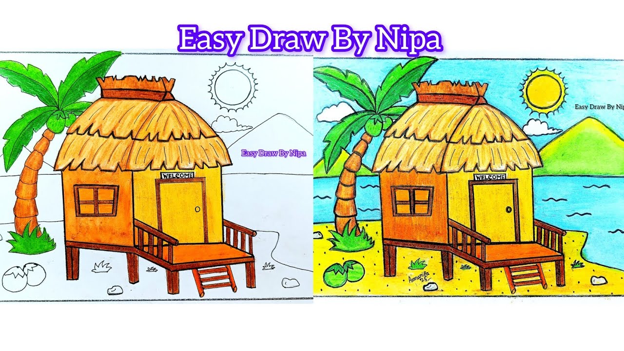 How to draw nipa hut/ bahay kubo easy step by step ||House/Hut drawing easy with colour