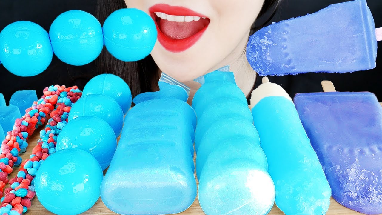 ASMR BLUE FOODS ICE CREAM BLUE & EARTH JELLY & ROPE JELLY & NANA EATING SOUND