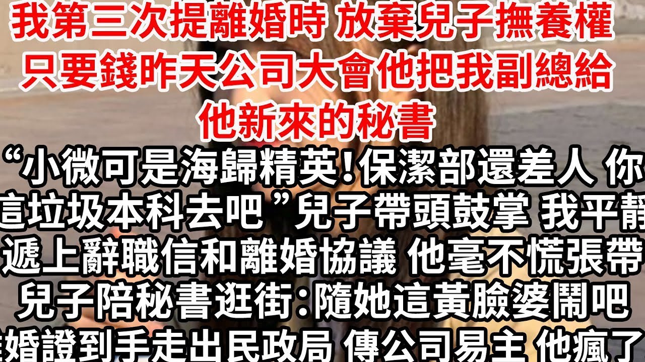 我第三次提離婚時放棄兒子撫養權只要錢，昨天公司大會他把我副總位置給他新來的秘書，小微可是海歸精英！保潔部還差人 你這垃圾本科去吧，兒子帶頭鼓掌 我遞了辭職書和離婚協議，他毫不慌張帶兒子陪秘書逛街